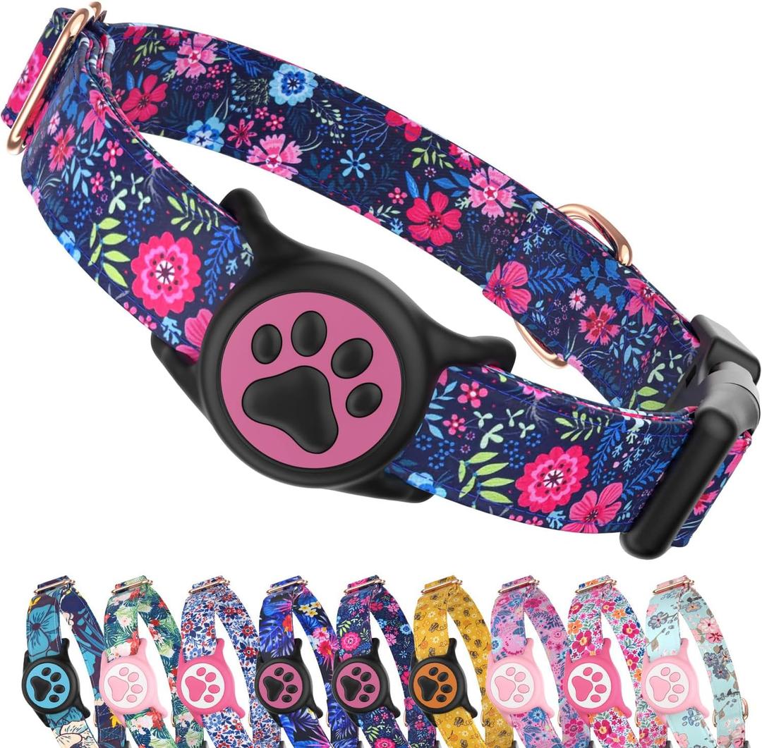 WhoseID Airtag Dog Collar, with Waterproof airtag HolderOriginal Stylish Cute Pattern Design.QR Code ID Buckle Comfortable Soft Cotton for Large Dogs