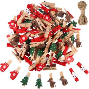 Blulu 100 Pcs Christmas Clips Mini Clothes Pins Red Green Small Wooden Clothespins Photo Clip Set for Xmas DIY Hanging Clip Home School Craft Party Supplies(ChristmasTree, Snowflake, Reindeer, Gloves)