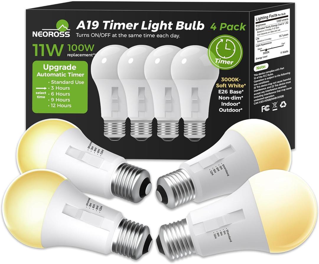 Upgraded Timer Light Bulb, 100W Equivalent A19 LED with 12/9/6/3H Auto Off or Always-On Mode, 11W 3000K Soft White, 1200LM, E26 Base, No App/WiFi Needed, Indoor Outdoor Security Light, 4 Pack