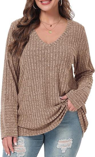 BELAROI Plus Size Long Sleeve Tops for Women Casual Shirts V Neck Tunic Sweaters Pullover Lightweight, XL