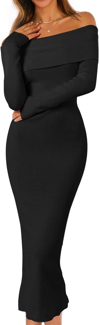 MEROKEETY Women's Fall Off Shoulder Bodycon Sweater Dress 2025 Formal Long Sleeve Elegant Club Party Midi Maxi Dresses (Medium, Black)