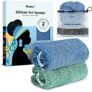 CORATED African Net Sponge with Knots Authentic, Shower Loofah Exfoliating Bath Sponge, Body Scrubber for Women Daily Use Body Care, Travel Portable Bath Accessories for Bathroom (Light Blue & Light Green)