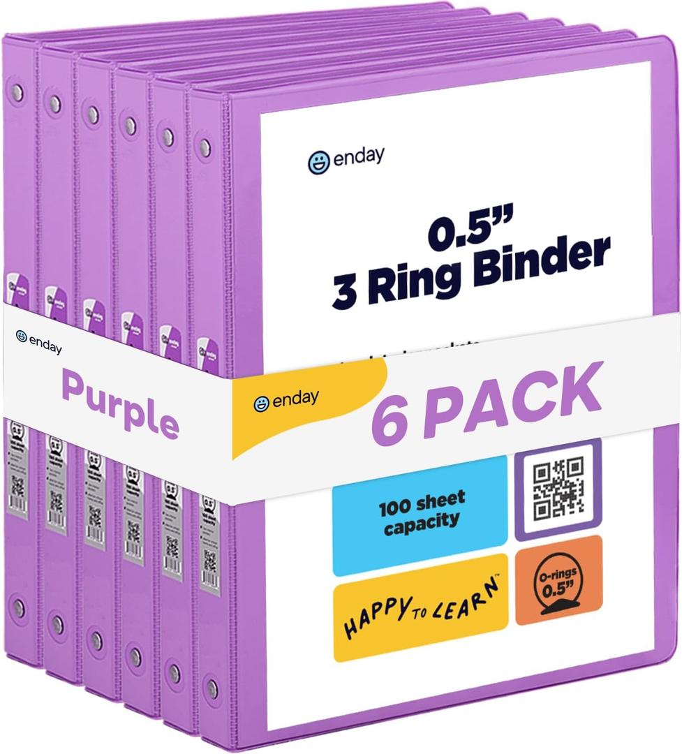 Enday 1/2 inch Binder 3 Ring Binder (6 Pack - Purple) O-Ring Binder with Clear View Cover and 2 Inside Pocket - for Letter Size 8.5 x 11'' Paper, Ideal for School Supplies, Office, and Home