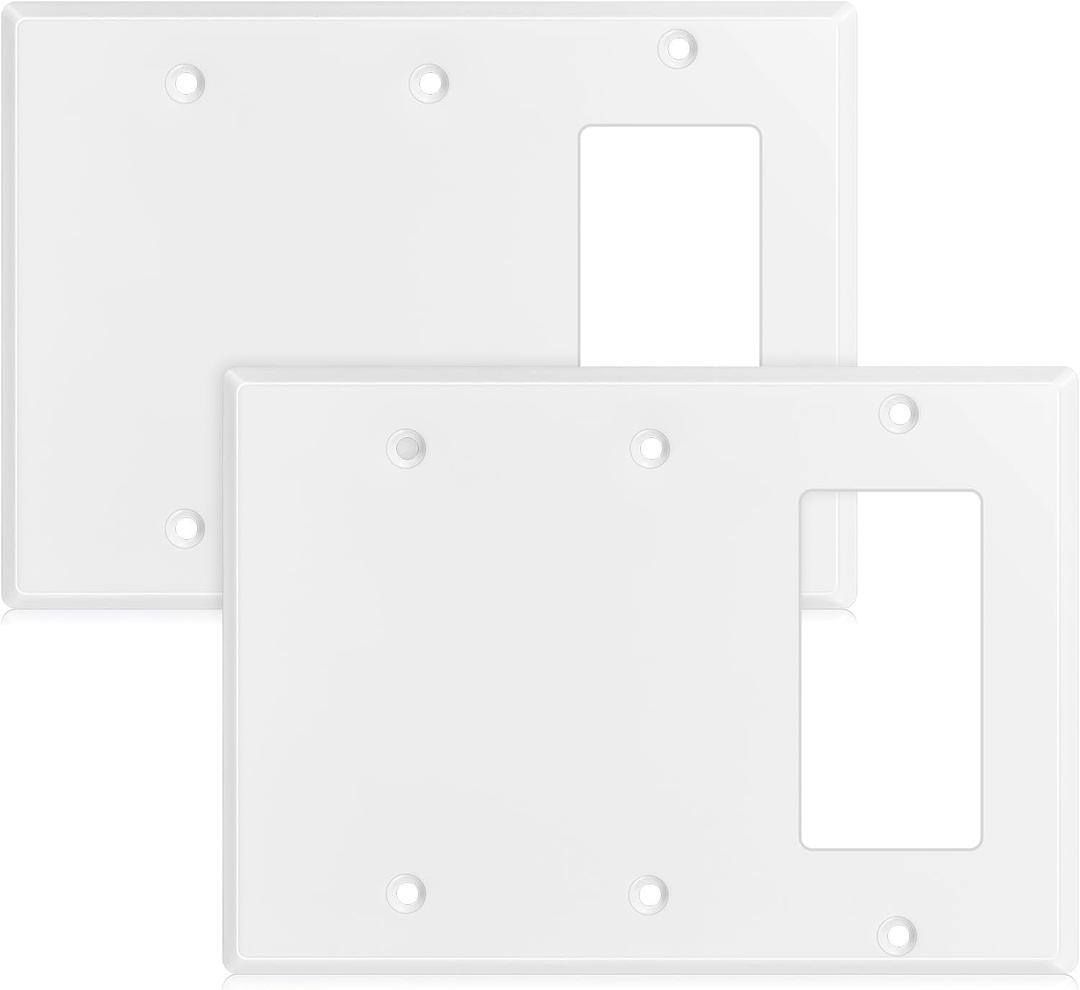 Kingdder 2 Pcs 3-gang 2-blank Wall Plate Standard Size Stainless Steel White Light Switch Plate Gloss Finish Size 3-gang 4.50" x 6.38" Corrosion-resistant Gfci Outlet Receptacle (1-decorator/2-blank)