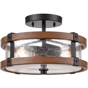 Farmhouse 2-Light Ceiling Light Fixture, Semi Flush Mount Ceiling Light with Seeded Glass Shade, Rustic Retro Ceiling Lamp for Kitchen Hallway Entryway