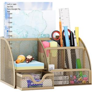 EasyPAG Mesh Desk Organizer with Drawer Multi-functional Pen Holder Stationery Organizer for Office School Supplies 6 Compartments Dorm Organizers and Storage for Desk, Gold