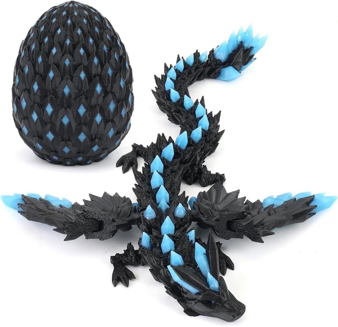 Joyvilla 3D Printed Dragon with Wings Glow in The Dark, Dragon Eggs with Dragon Inside, Flexible Articulated Fidget Toy, Easter Mythical Pieces, Cool Luminous Desk Decor Gift for Kids & Adults (Black Blue)