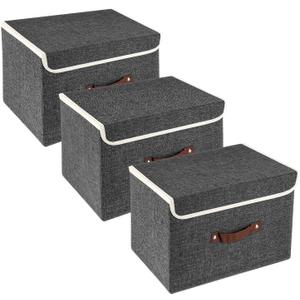 TYEERS Collapsible Storage Boxes, Washable Fabric Storage Bins with Lids, 14.9x9.8x9.8 inches, 3 Pack, Black