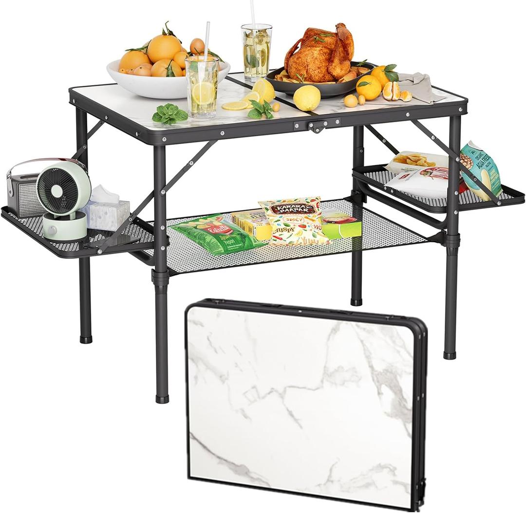 Titanker Folding Camping Table 3ft, Folding Picnic Table, Large Camp Table Portable with Extra Side Racks & Storage Net, Outdoor Patio Table, RV/Car Camping Essentials, Aluminum Light & Solid