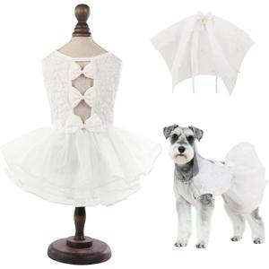 ASENKU Dog Dress, Dog Wedding Dress, Pet Lace Princess Dress with Bows for Wedding Birthday Party, Puppy Formal Apparel with Pearl Necklace for Large Dogs (White, X-Large)