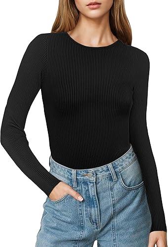 Beauty Women's Long Sleeve Crewneck Sweater 2025 Fall Ribbed Knit Fitted Shirts Slim Solid Pullovers Basic Casual Tee Tops Size Large