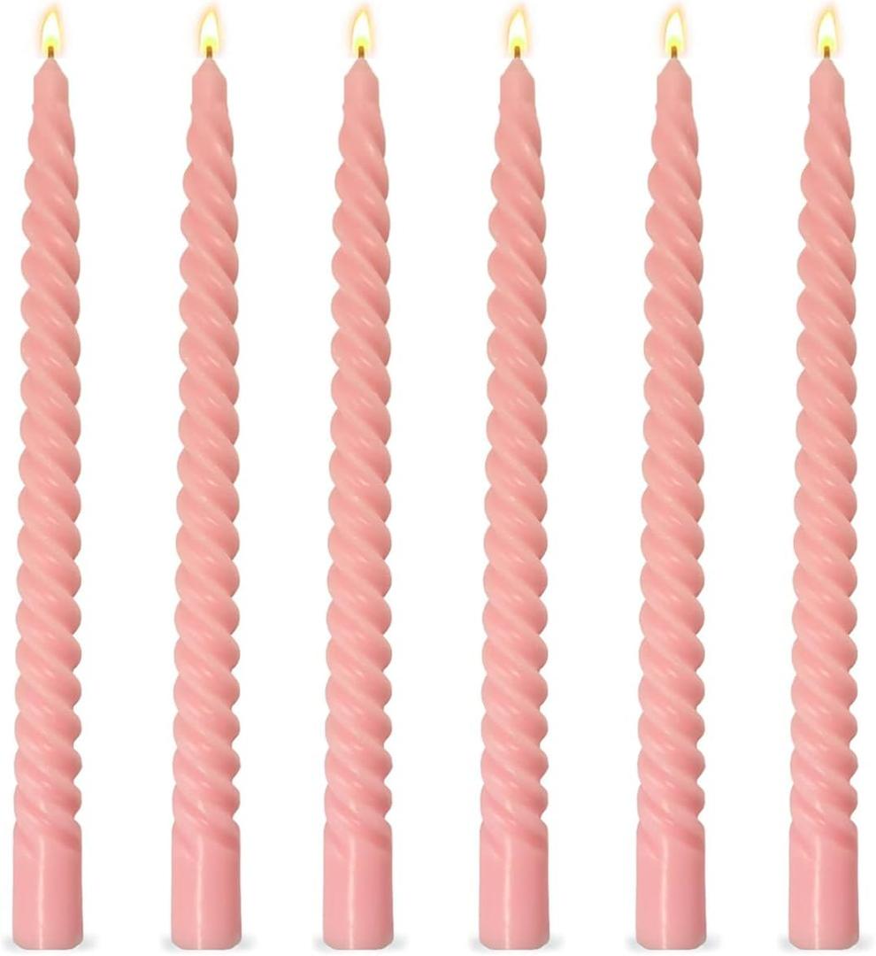6 Pack 10 Inch Pink Spiral Taper Candles for Holiday Home Decoration, Unscented Dripless Twisted Candlesticks for Dinner Party Wedding Valentine's Day Baby Shower and Easter