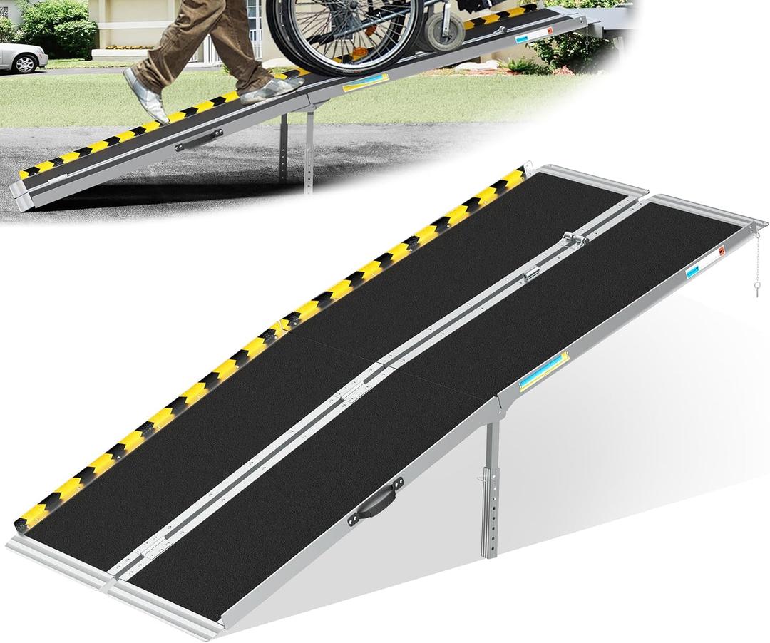 7ft Portable Wheelchair Ramp, Non-Slip Aluminum Folding Handicap with Support Legs & Latch, Threshold Ramp Suitable for 7" -21" Height Suitable for Home Steps, Stairs, Doorways, Car, Curbs