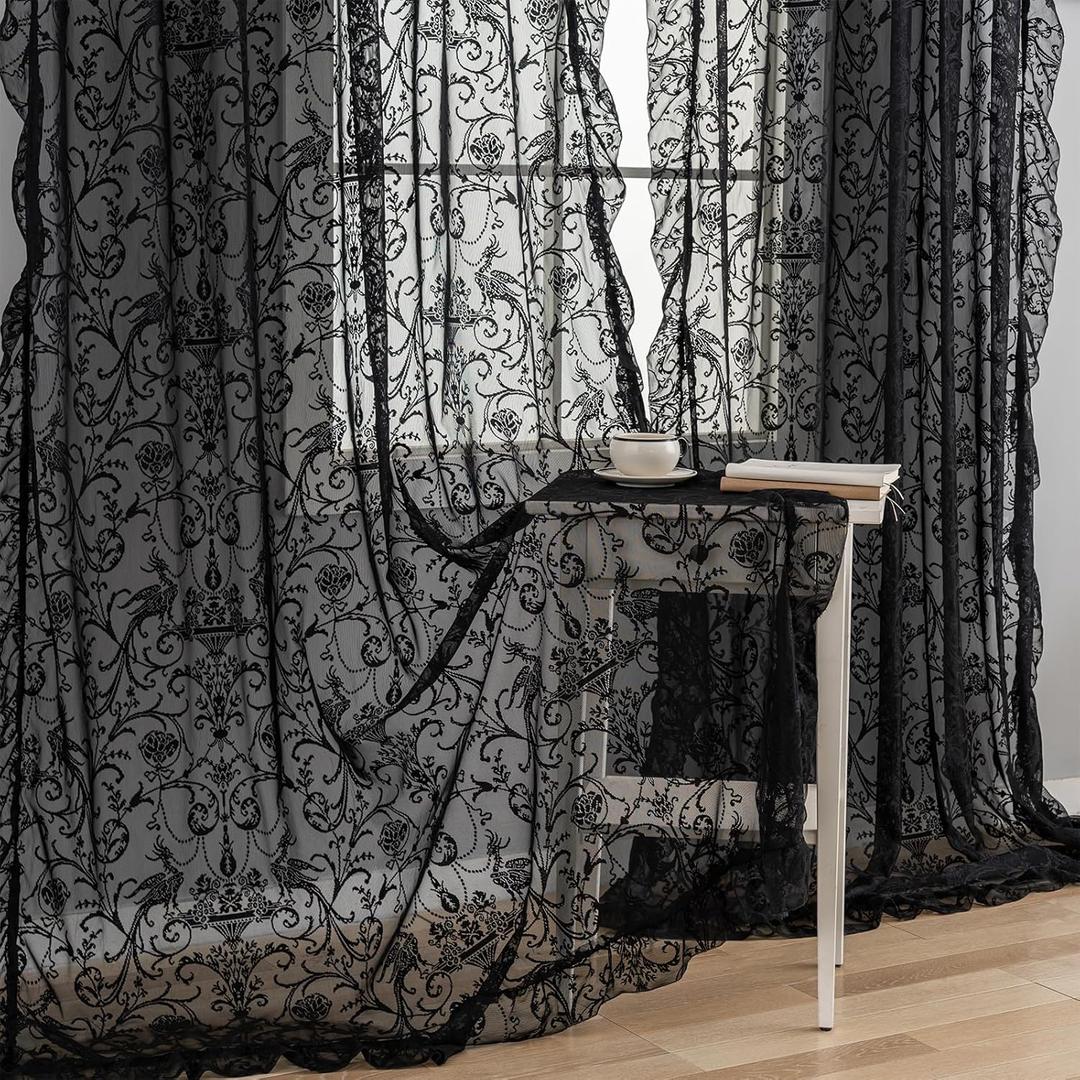 Black Sheer Curtains 84 Inches Long - Shabby Chic Knitted Floral Lace Curtains Privacy Goth/Witchy Dark Window Curtains for Living Room Rod Pocket French Decor 1 Pair, 59 x 84 Inch
