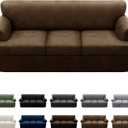 4-Piece T Cushion Sofa Slipcovers - Leather Look Couch Cover for 3 Cushion Couch - Furniture Protector - Stretch Sofa Cover with 3 Individual Seat Covers - Washable, Dark Brown