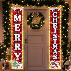 Christmas Decorations Outdoor Merry Christmas Banner with String Lights Xmas Porch Door Welcome Sign Hanging Christmas Decor Indoor for Home Holiday Outdoor Wall Front Door Yard Garage