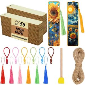 Rcpuirl 50 PCS Extra Large Thick Wood Bookmark with Tassels & Gift Ribbons  Unfinished Wooden Bookmarks to Paint, Bulk Blank Bookmarks for DIY Crafts, Painting, Wedding, Birthday Party Decors