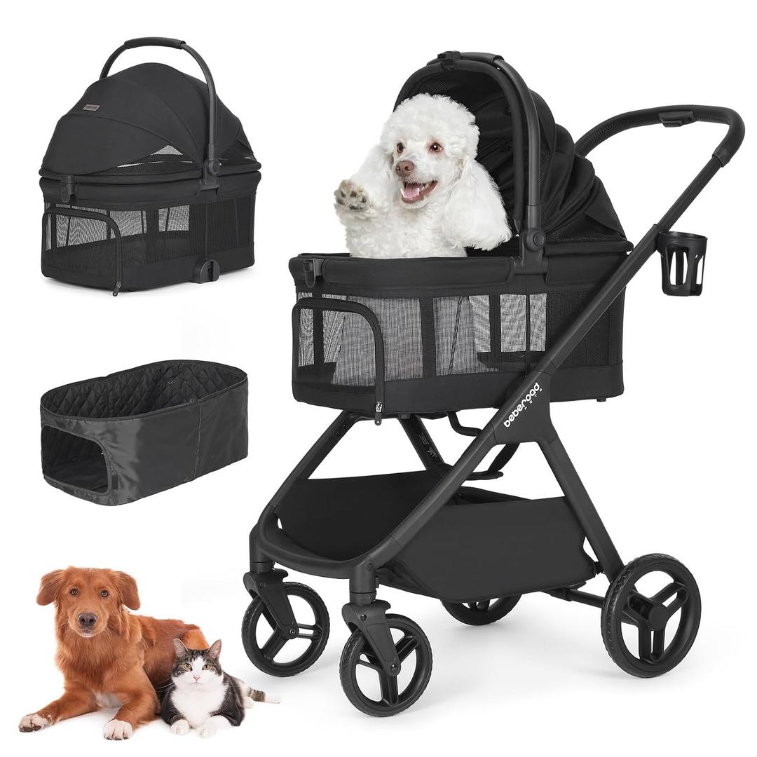 X-5 Luxury Pet Stroller for Medium Dog Up to 55 lbs or 2 Small Dogs Cats, 3-in-1 Detachable Carrier & Car Seat, One-Touch Folding, Adjustable Handle, All-Terrain Wheels, Full View, Black