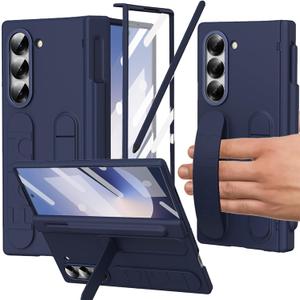 Samsung Galaxy Z Fold 6 Case with Finger Strap, S Pen Holder & Stylus, Kickstand, Hand Strap, Hinge Protection, Screen Protector, Blue