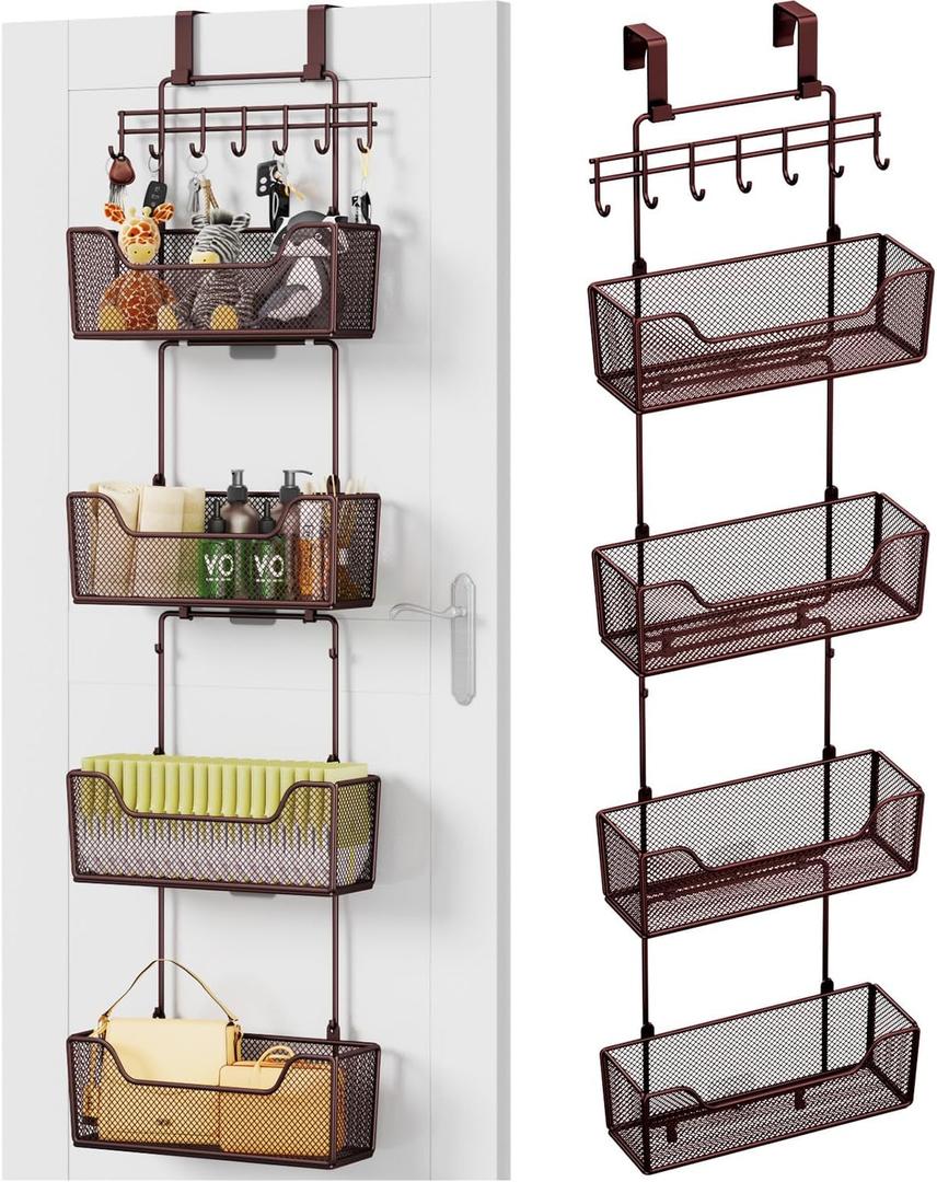 HapiRm Over The Door Organizer - Hanging Door Organizer with 4 Metal Large Capacity Baskets and Adjustable Coat Hook for Bathroom Bedroom Kitchen Pantry Closet Cabinet (Brown)