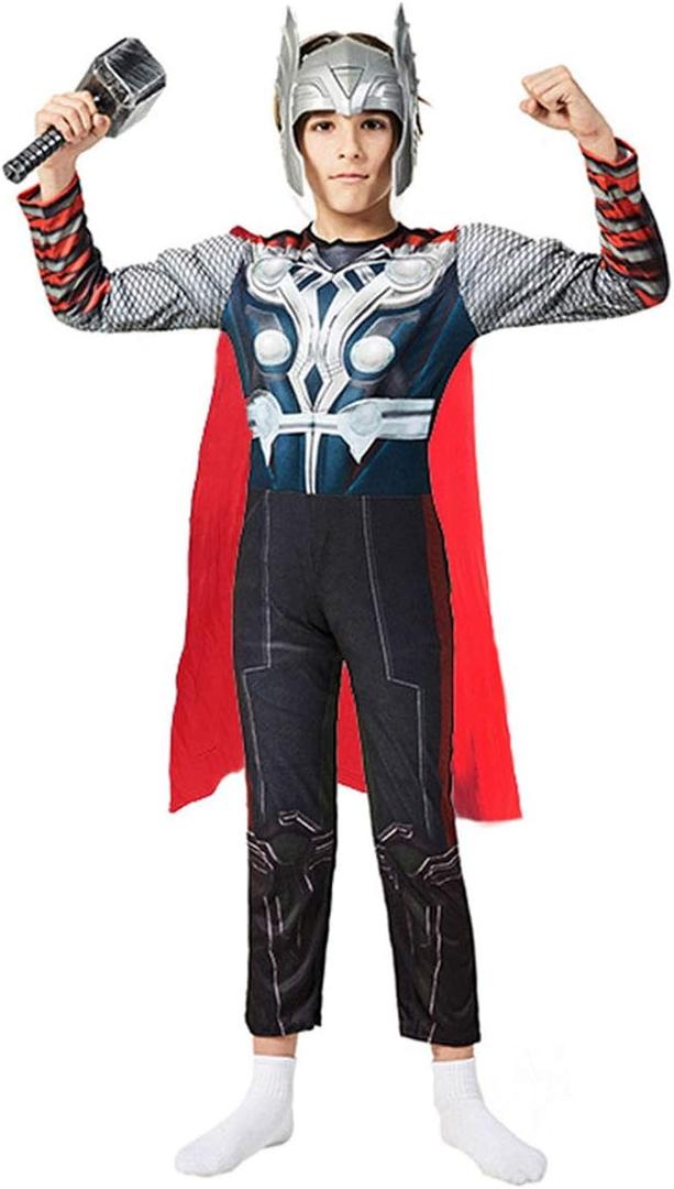 Children's superhero Thor costume Classic Muscle Costume Suit,Includes headpiece, hammer, cape (Small)