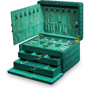 Genuine Leather Jewelry Box 3 Layer Large Jewelry Organizer with Mirror, Lockable Jewelry Box for Women Necklace, Ring, Earring Organizer with Drawer - Mothers Day Gifts for Mom(Green)