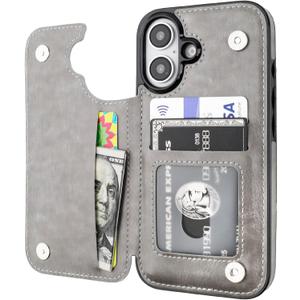 Compatible with iPhone 16 Wallet Case with Card Holder, PU Leather Kickstand Card Slots Case, Double Magnetic Clasp and Durable Shockproof Cover 6.1 Inch (Gray)