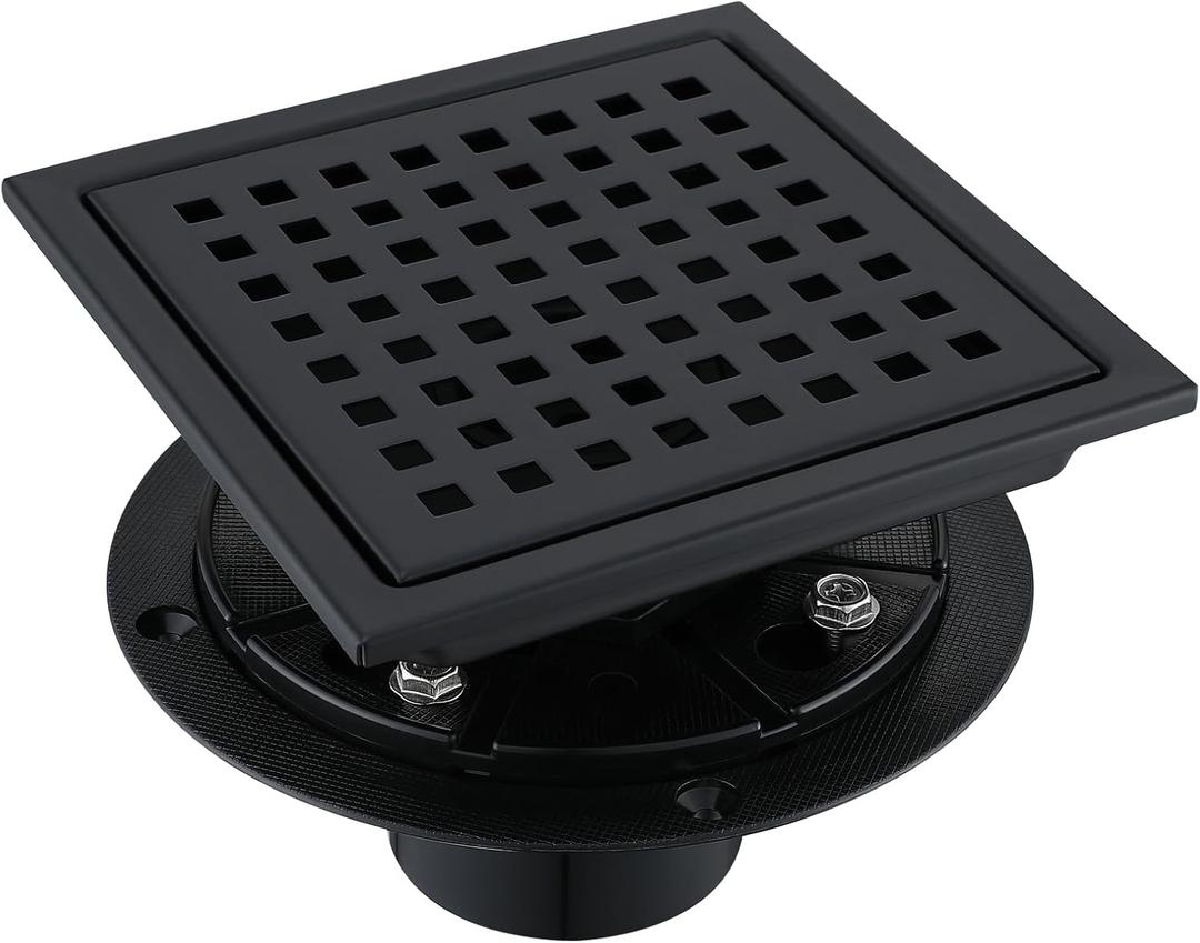4 Inch Square Shower Floor Drain, Stainless Steel Black Shower Drain Kit with Flange, Floor Drain with Removable Grid Cover, Matte Black