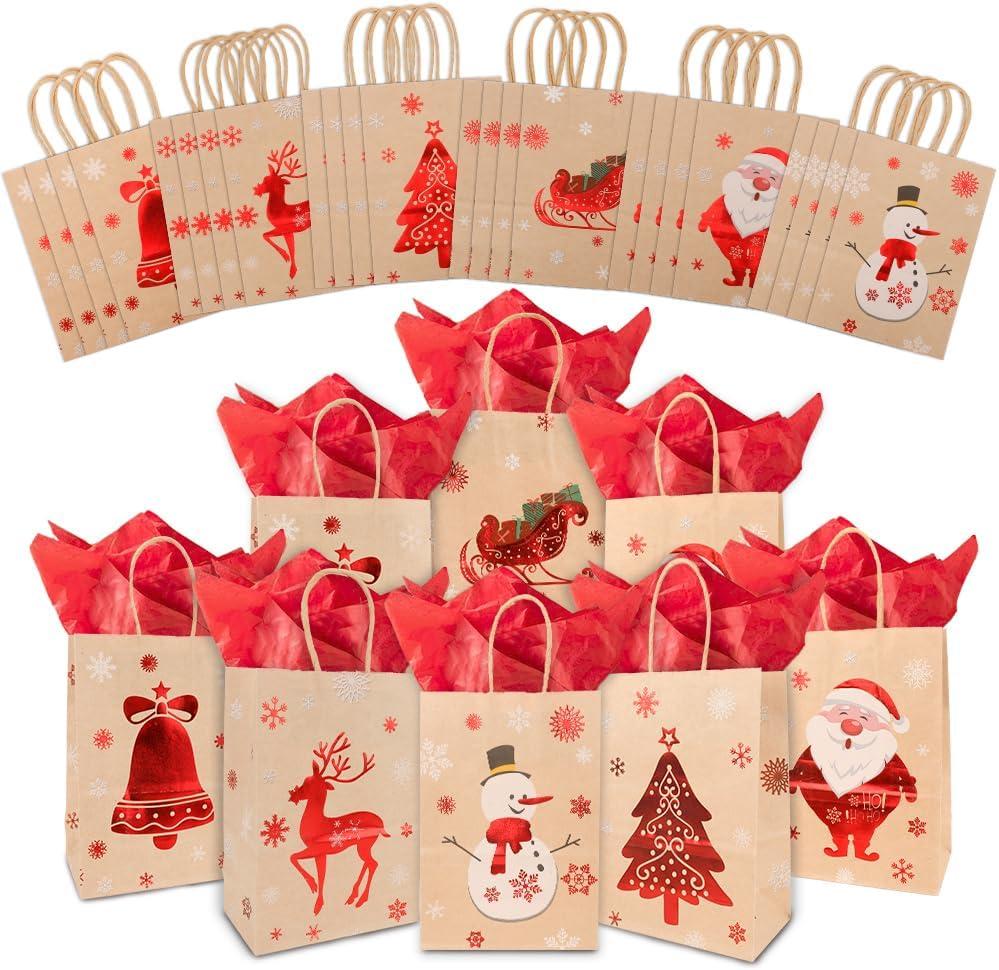 Liwidon Christmas Gift Bags, 24 PCS Xmas Kraft Paper Bag with Handles Small Christmas Gift Bags with Tissue Paper 6 Assorted Xmas Designs Goodie Bags for Wrapping Gifts Party Favors Holiday Decor (1 Count (Pack of 1), combination 1)