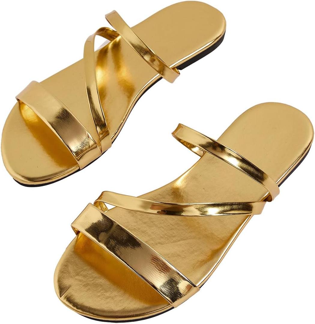 GORGLITTER Women's Metallic Strappy Open Toe Flat Sandal PU Leather Summer Slides Sandals (8.5, Gold)