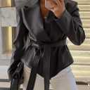 MEROKEETY Women's Fall Fashion 2025 Leather Jacket Casual Belt Button Down Blazer Trendy Coat Outerwear (Medium, Black)