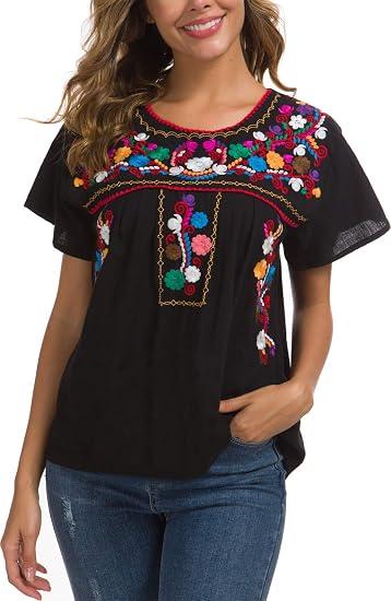 YZXDORWJ Women's Embroidered Mexican Peasant Blouse Mexico Summer Shirt Short Sleeve, Size 3XL
