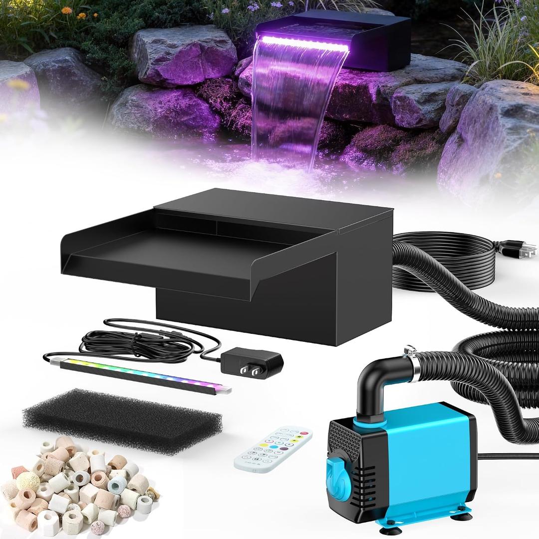 POPOSOAP 8inch Pond Waterfall Spillway with RGB LED Lights & 660GPH Pond Pump- APP/Remote Control, 304 Stainless Steel Pond Spillway with 9.8FT Tubing for Garden Ponds Landscape Water Features-P42DY