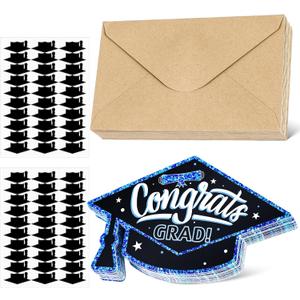 50 Pack Glitter Graduation Thank You Cards with Envelopes and Stickers 2025 Graduation Cap Greeting Cards Bulk for College High School Grad Party Favors