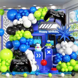 Video Game Balloon Arch Garland Kit with Game Controller Foil Balloons Blue Green Black White Latex Balloons Explosion Star Balloon for Boys Gaming Night Birthday Baby Shower Party Decorations