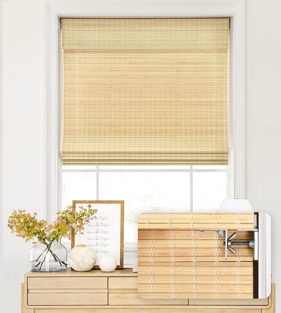 LazBlinds No Tools No Drill Cordless Bamboo Roman Shades, Privacy Window Treatment, Roll Up Bamboo Blinds for Windows 38'' W x 64'' H, Natural