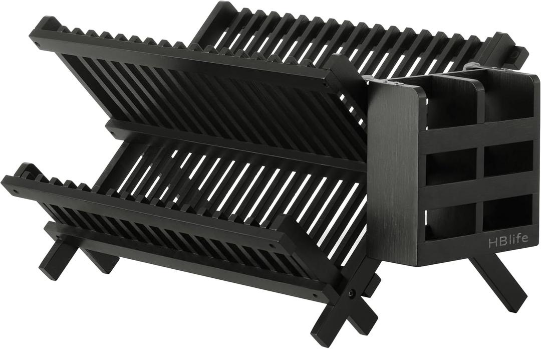 HBlife Dish Rack, Black Bamboo Folding 2-Tier Collapsible Drainer Dish Drying Rack with Utensils Flatware Holder Set (Dish Rack with Utensil Holder)