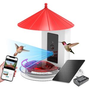Solar Hummingbird Feeder | Bird Watching Camera |AI Free Identification of Various Hummingbirds and Birds | complimentary Removable Hummingbird Stand | W/ 3 Feeding Ports