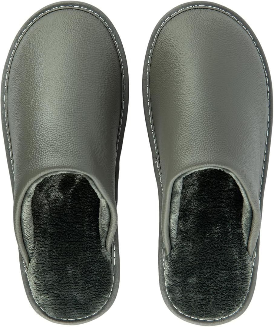 Unisex House Slippers, Genuine Leather Solid Color Minimalist Indoor Slippers, Soft Warm Flannel Lining, Lightweight Comfortable Flexible Anti-Slip Rubber Sole (7 Women/6 Men, Grey)