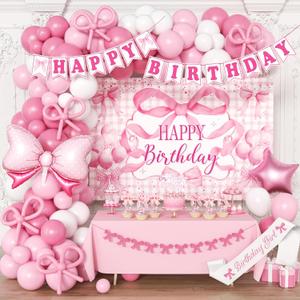 Pink Birthday Party Decorations for women, Backdrop,Pink Bow Balloons Arch,Glitter Banner,Coquette Themed Party Supplies for Girls
