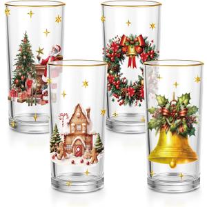4 Pcs Christmas Highball Glasses 15oz Classic Gold-rimmed Whimsical Holiday Glasses Christmas Dinnerware for Beverage Sparkling Wine and Champagne Ideal for Holiday Hosting Celebrations