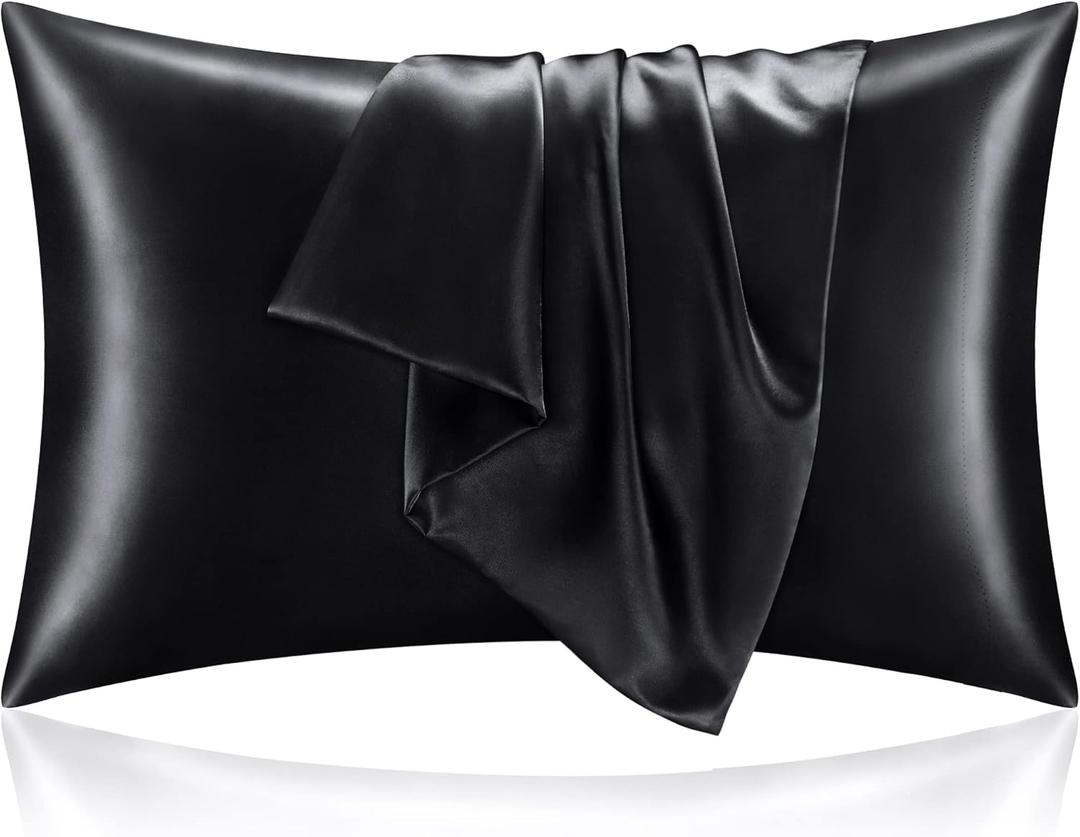 BEDELITE Satin Pillowcase for Hair and Skin, Super Soft and Cooling Similar to Silk Pillow Cases 2 Pack with Envelope Closure, Gift for Women Men(20"x26" Standard Size, Black)