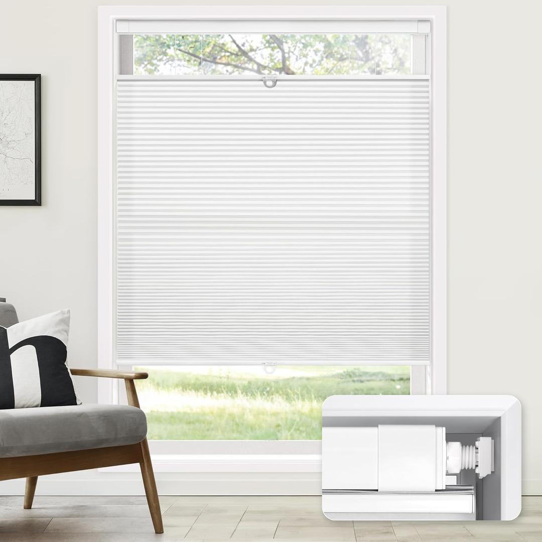 LazBlinds No Tools No Drill Cordless Cellular Shades, Top Down Bottom Up (TDBU) Honeycomb Shades for Home, Light Filtering Thermal Insulation Blinds for Windows, 28" W x 48" H, White (Light Filtering - White)