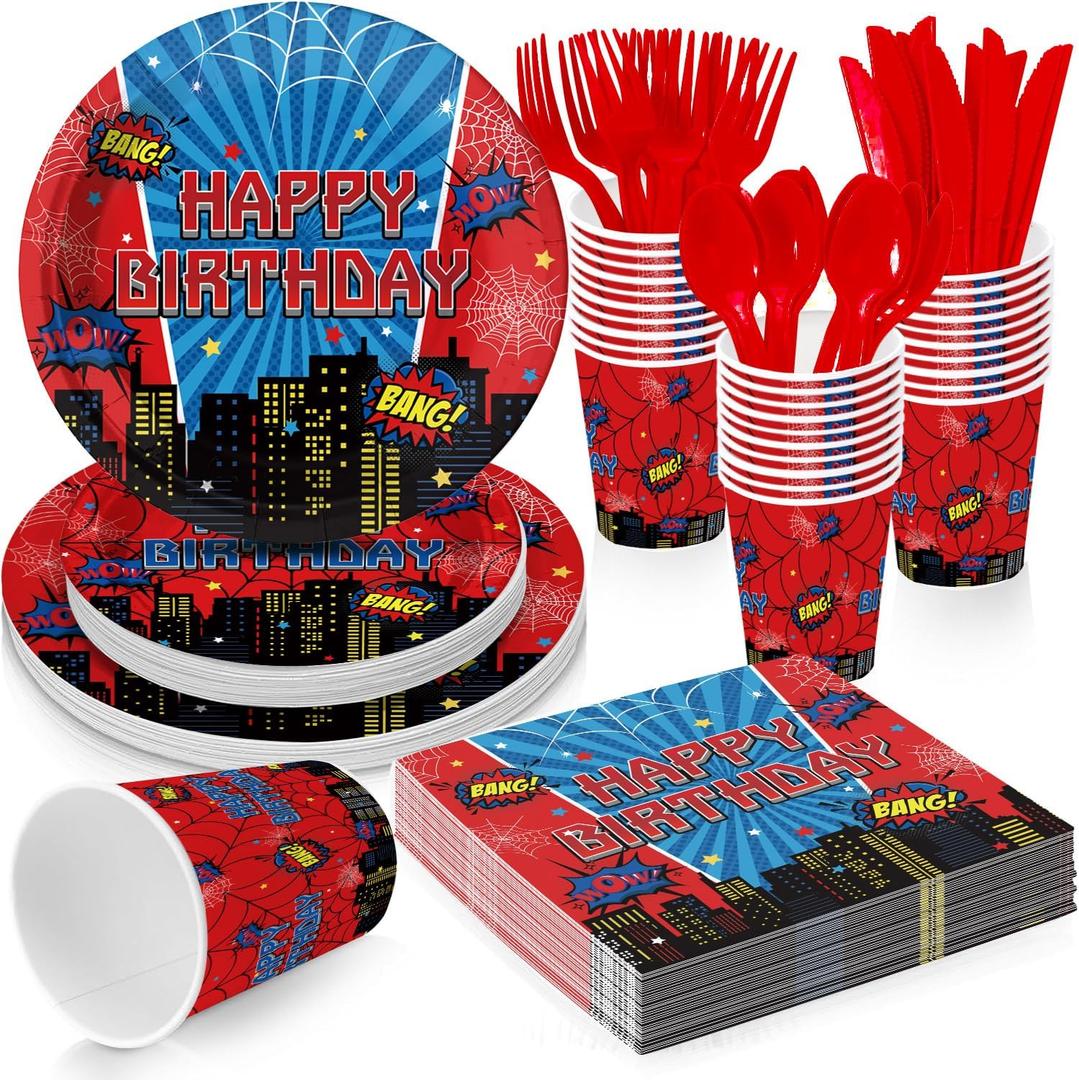 Cartoon Spider Birthday Party Supplies for Kids Child Themed Birthday PartyRed Blue Superhero Theme Party Decorations Disposable Tableware Set With Plates, Cups, Napkins & Cutlery for 24 Guests