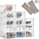 HomeBuddy Shoe Organizer for Closet - 12 Pack Shoe Boxes Clear Plastic Stackable Bins, Clear Shoe Boxes Stackable with Lids, Sneakers Storage Case, Zapateras Organizer for Shoes, Closet Shoe Organizer
