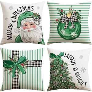 Artscope Christmas Throw Pillow Covers 20x20 Inch Set of 4, Santa Claus Merry Bright Xmas Tree Ball Holiday Decoration Pillow Cases for Christmas Home Decor-Green