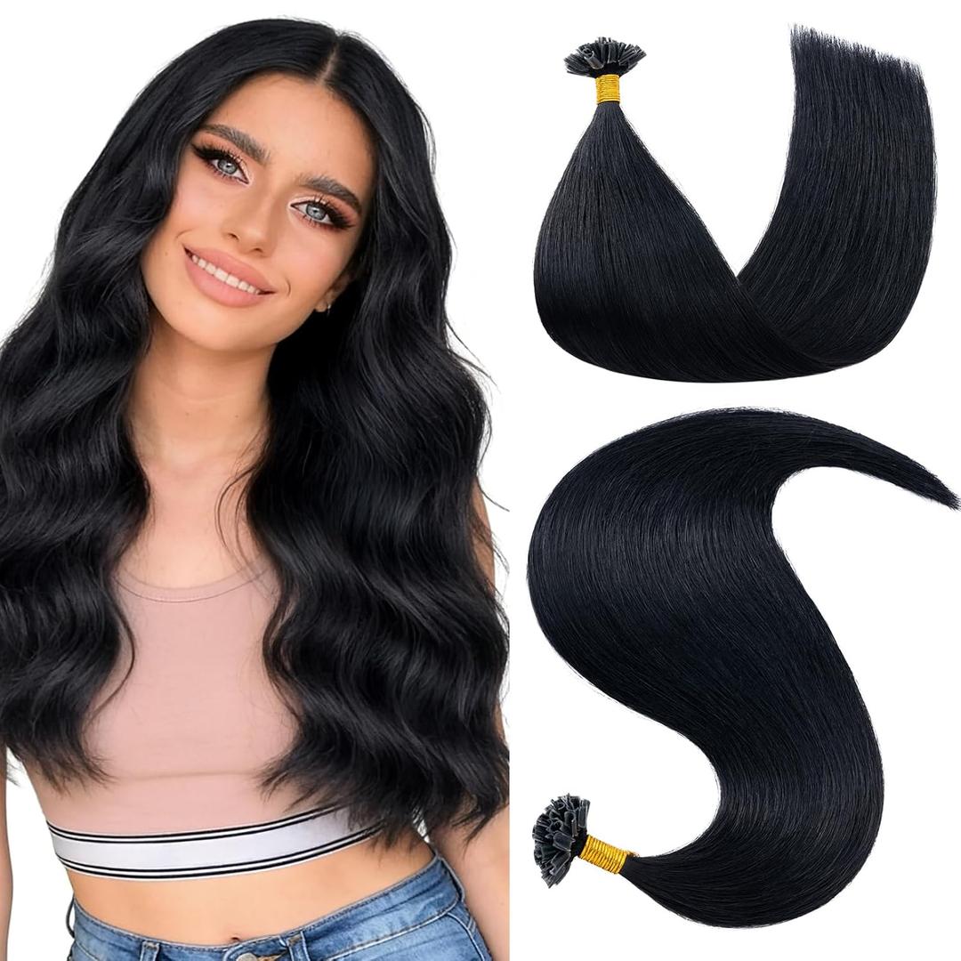 Hairro U Tip Hair Extensions Human Hair Pre Bonded Hot Fusion Keratin Nail Tipped Utips Ktip For Women 14 inch 25g 25 Strands #01 Dark Black