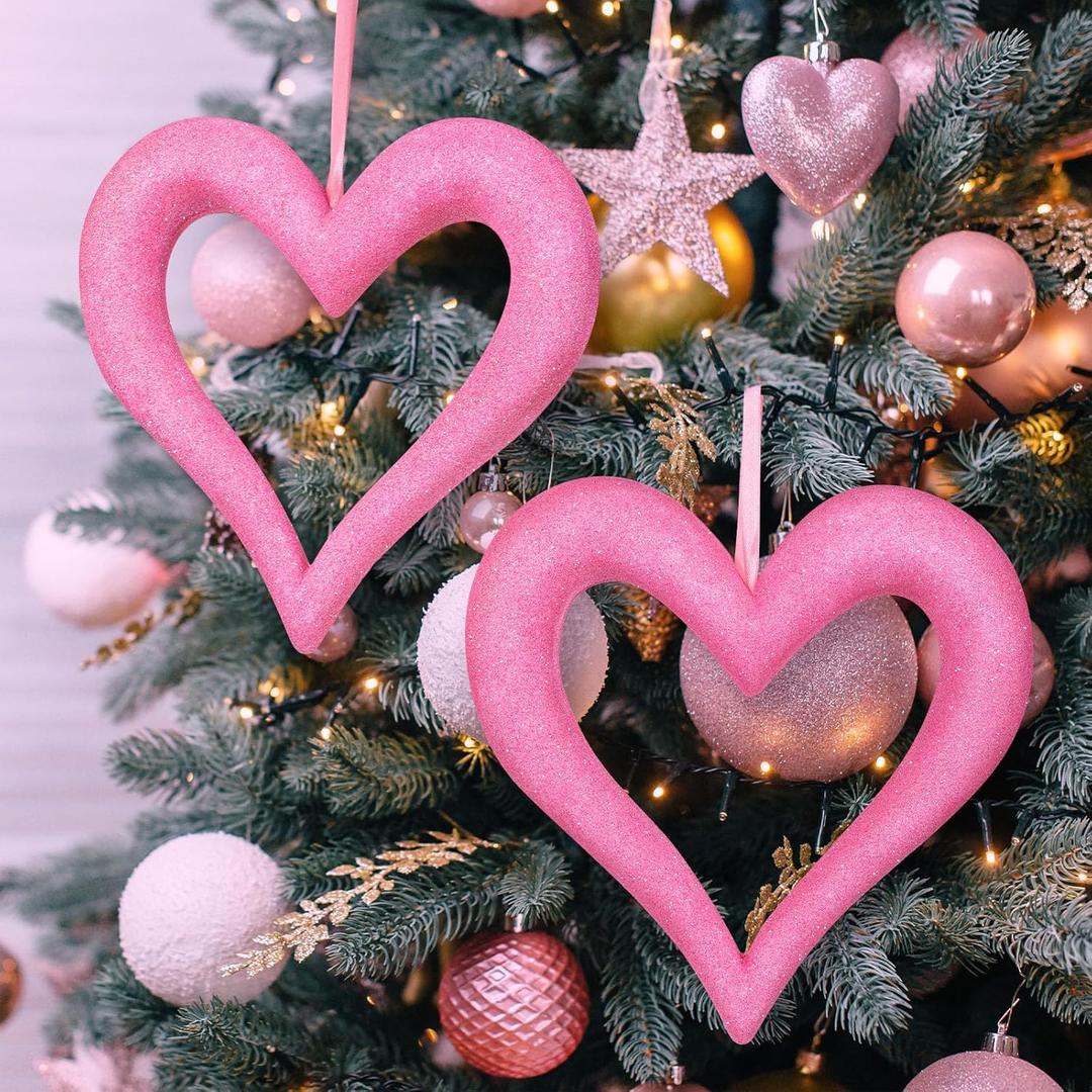 Syhood 2 Pcs 10'' Large Valentine's Day Heart Tree Ornaments 3D Heart Valentine Ornaments Glitter Tree Decor Wreath for Front Door Wall Mantel Party Decor (Pink)