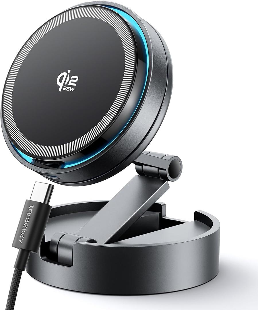 THREEKEY for Qi2 25W Certified MagSafe Car Mount Charger Lite with Cooling Fan&LED Light, 360 Rotating Fast Wireless Charger & Phone Holder for iPhone 17-12, Galaxy S25-S26 | 30W Adapter Included (Gray)