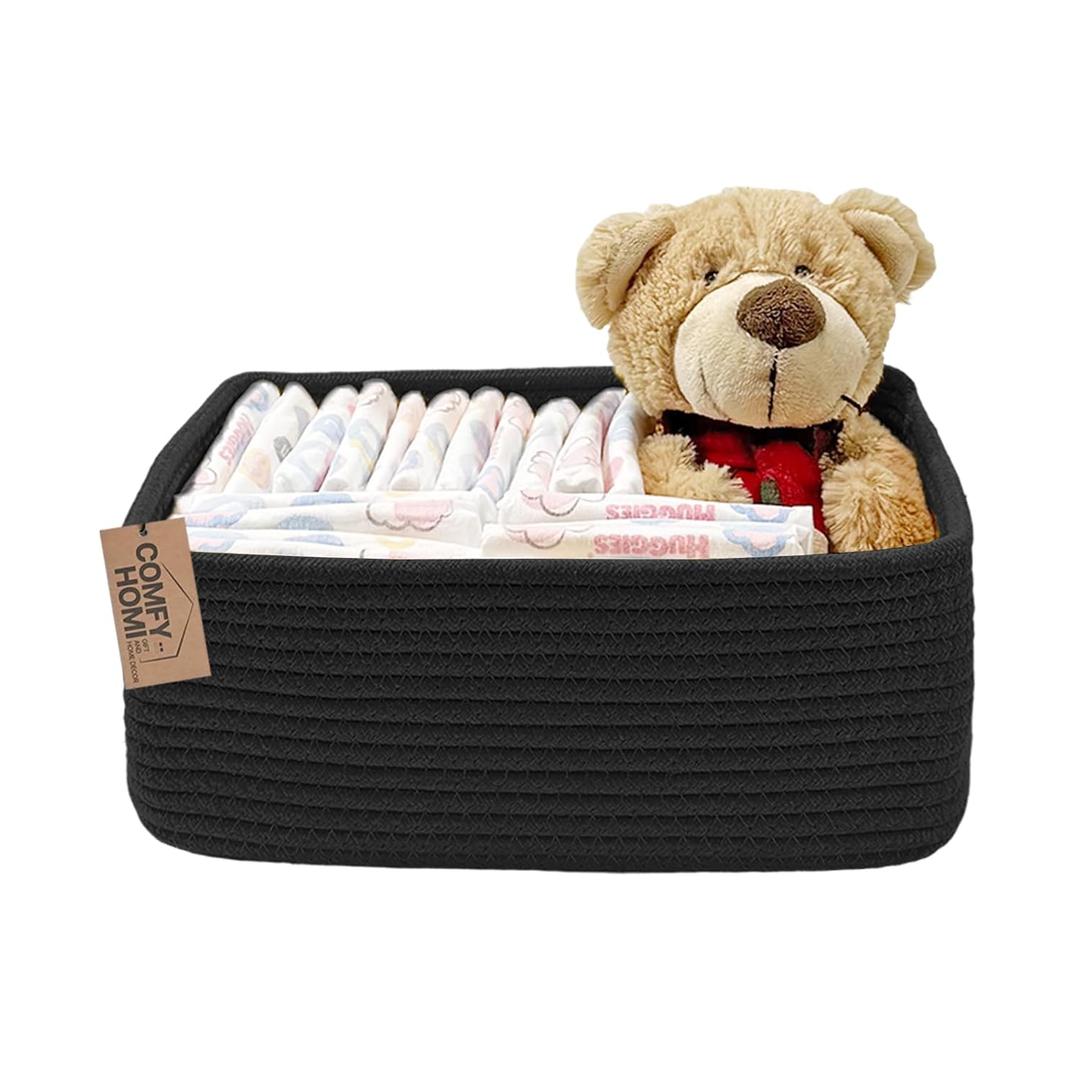 COMFY-HOMI 11.5"x7.5"x4.7" Storage Baskets for Organizing | Cotton Rope Woven Basket | Toy Storage Bin Box | Basket for Shelves, Closet Organizer Bin, Decorative Closet Shelf, 1 Pack all black